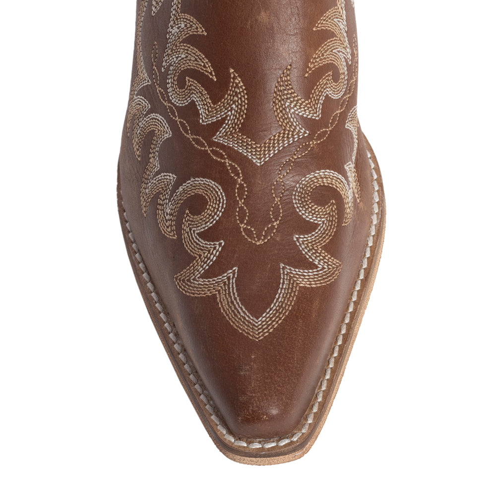Myra Ximena Ranch Brown Embroidered Mules for Women Pointed Toe, Low Block Heel Western Leather Shoes