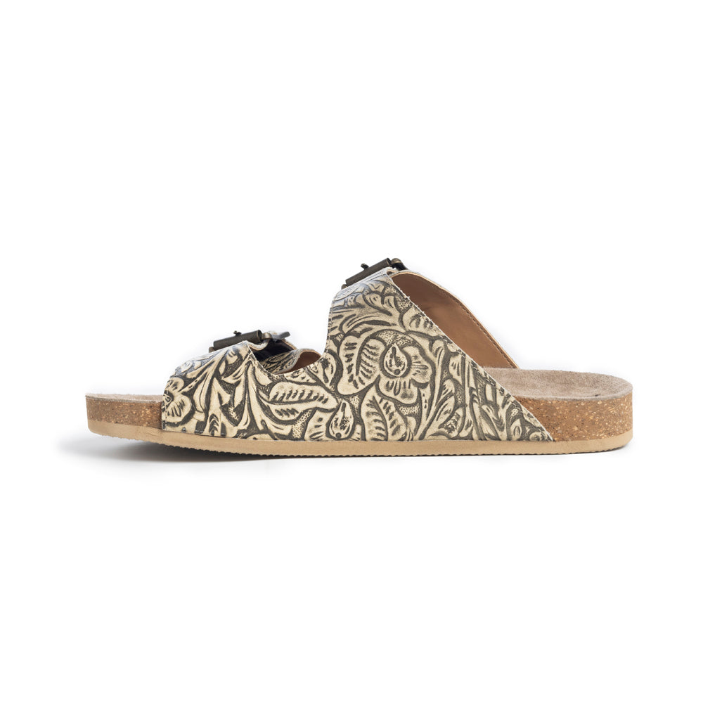 Myra Rio Amarillo Embossed Leather Sandals for Women in Beige â€“ Dual Buckle Design, Cork Sole Comfort, Western Slip-on