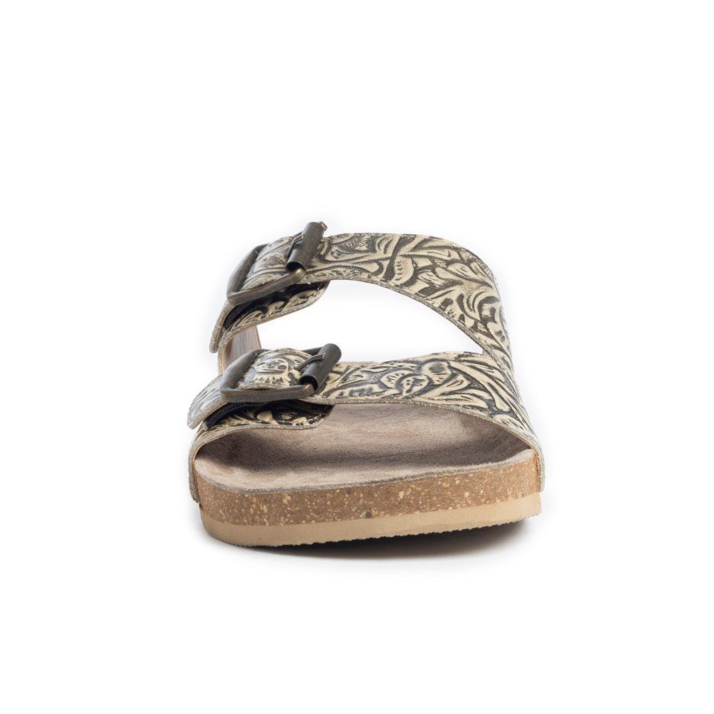 Myra Rio Amarillo Embossed Leather Sandals for Women in Beige â€“ Dual Buckle Design, Cork Sole Comfort, Western Slip-on