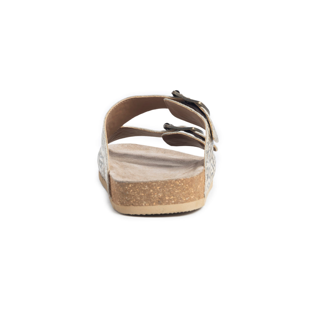 Myra Rio Amarillo Embossed Leather Sandals for Women in Beige â€“ Dual Buckle Design, Cork Sole Comfort, Western Slip-on