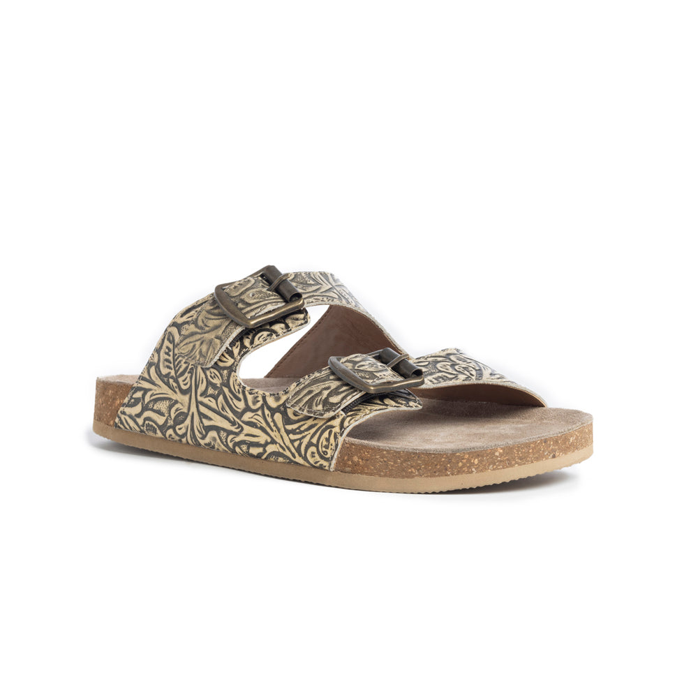Myra Rio Amarillo Embossed Leather Sandals for Women in Beige â€“ Dual Buckle Design, Cork Sole Comfort, Western Slip-on