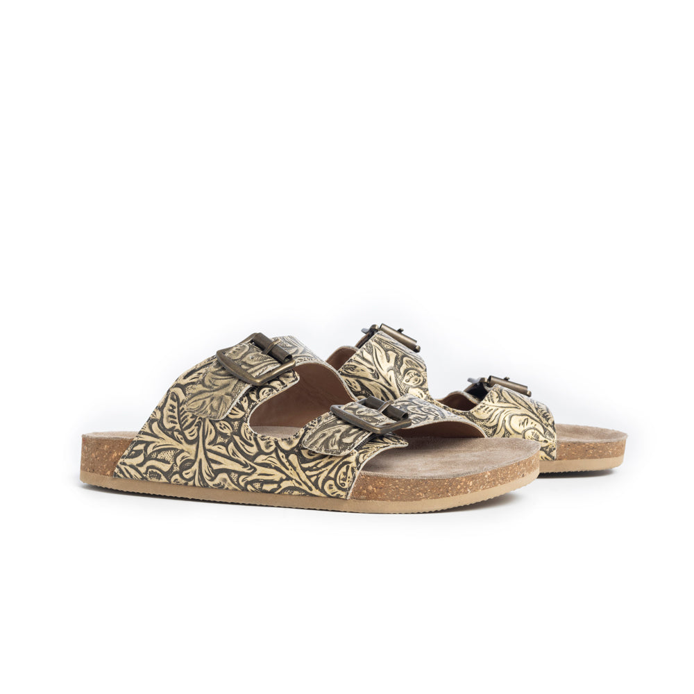 Myra Rio Amarillo Embossed Leather Sandals for Women in Beige â€“ Dual Buckle Design, Cork Sole Comfort, Western Slip-on