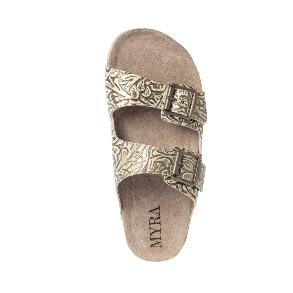 Myra Rio Amarillo Embossed Leather Sandals for Women in Beige â€“ Dual Buckle Design, Cork Sole Comfort, Western Slip-on