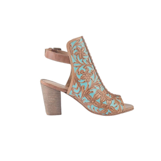 Myra Darington Ranch Peep Toe Heels for Women in Hand-Tooled Leather