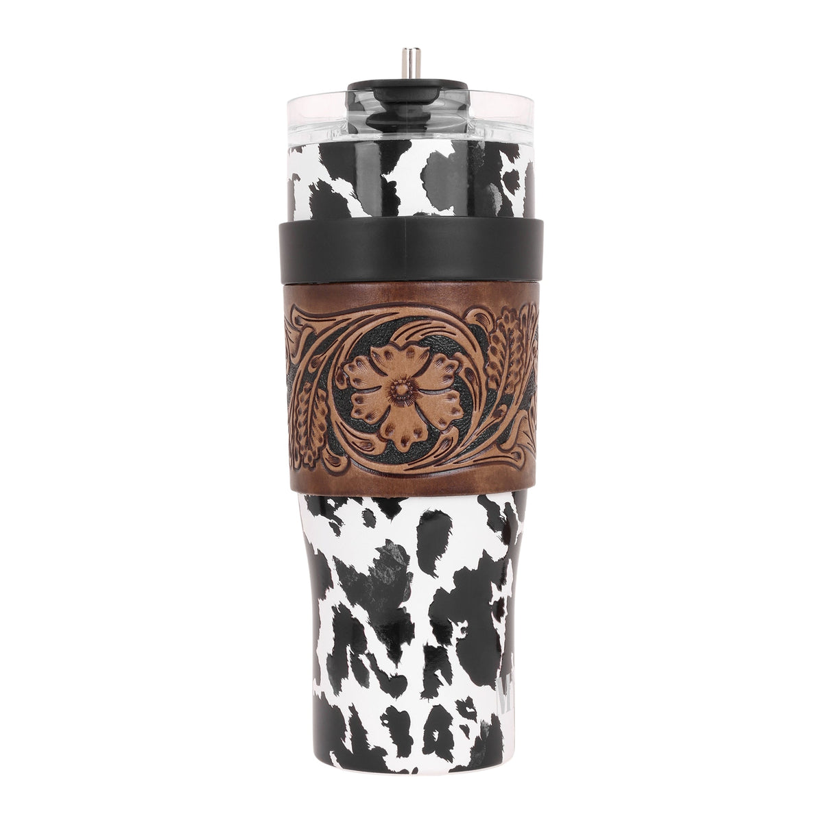 Myra Wide Wyoming Tumbler in black and white with cowhide print and tooled leather design for everyday use
