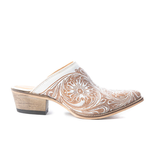 Myra Valeria Hand-Tooled Leather Mules for Women, Desert Bloom Pattern with Block Heels