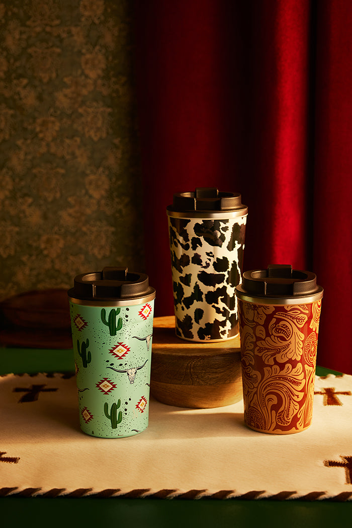 Western Trail Brew Stainless Steel Mug in Black Leopard Print