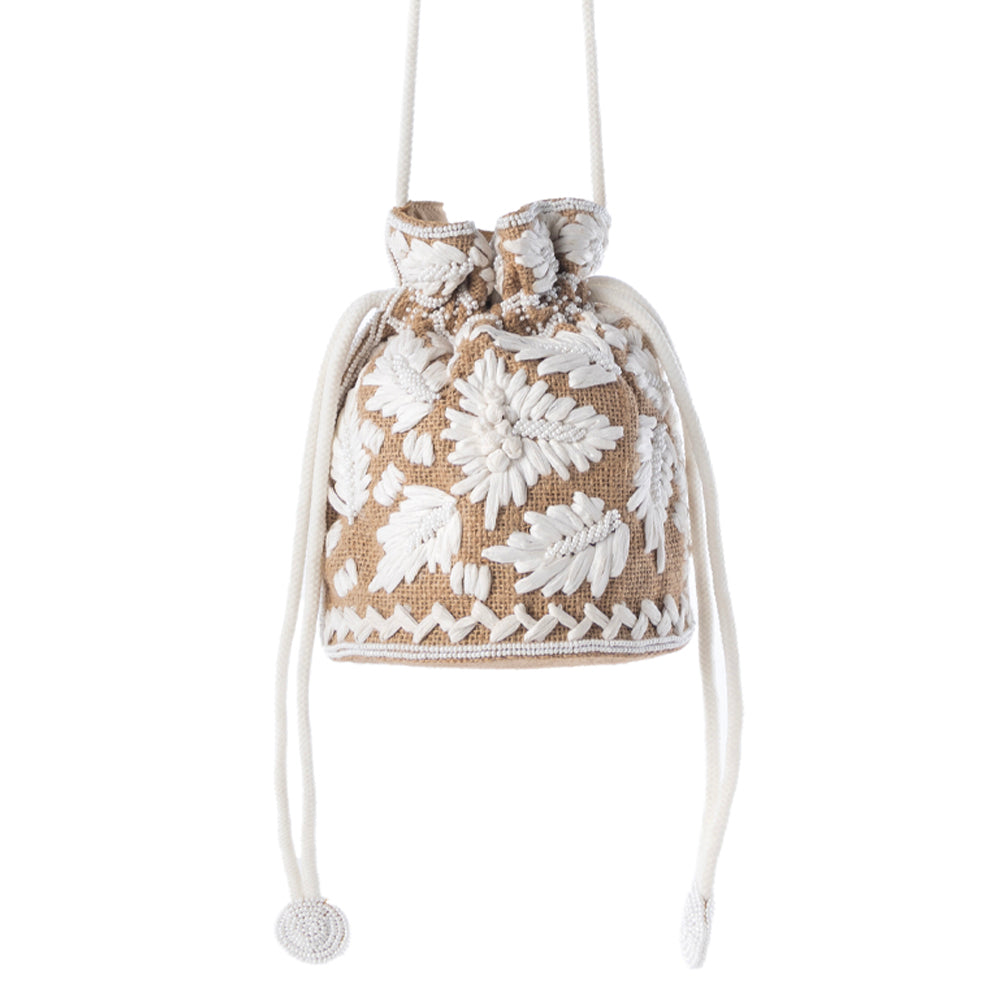 Myra Honey Vine Western Bucket Bag for Women in Jute with embroidered detail