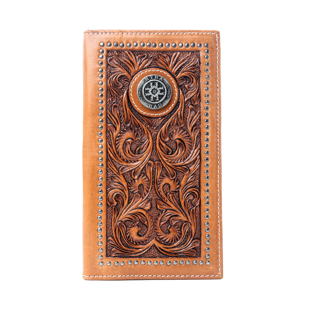 Myra Sheriffâ€™s Crest Handtooled Leather Wallet for Men in Bronco Brown