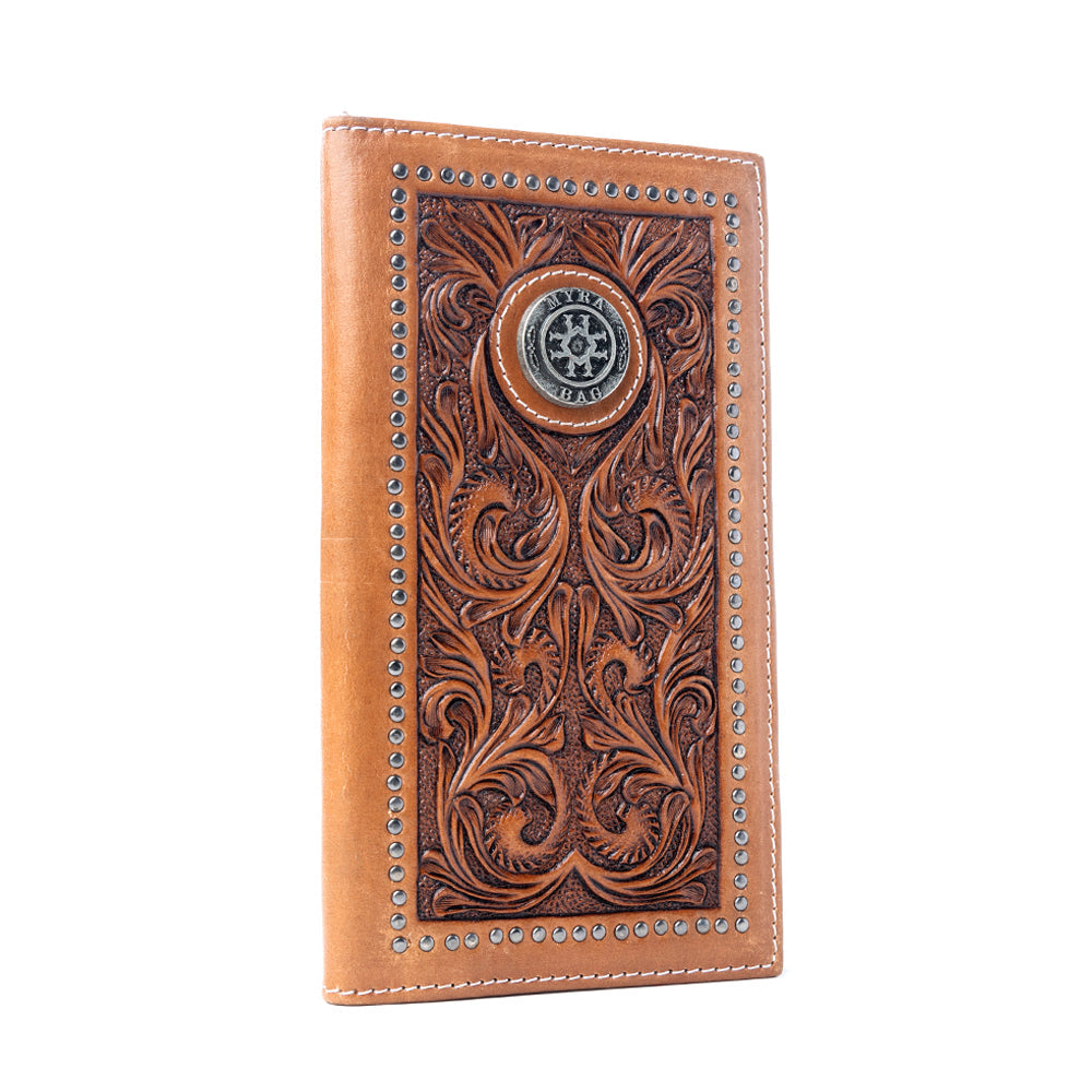 Myra Sheriffâ€™s Crest Handtooled Leather Wallet for Men in Bronco Brown