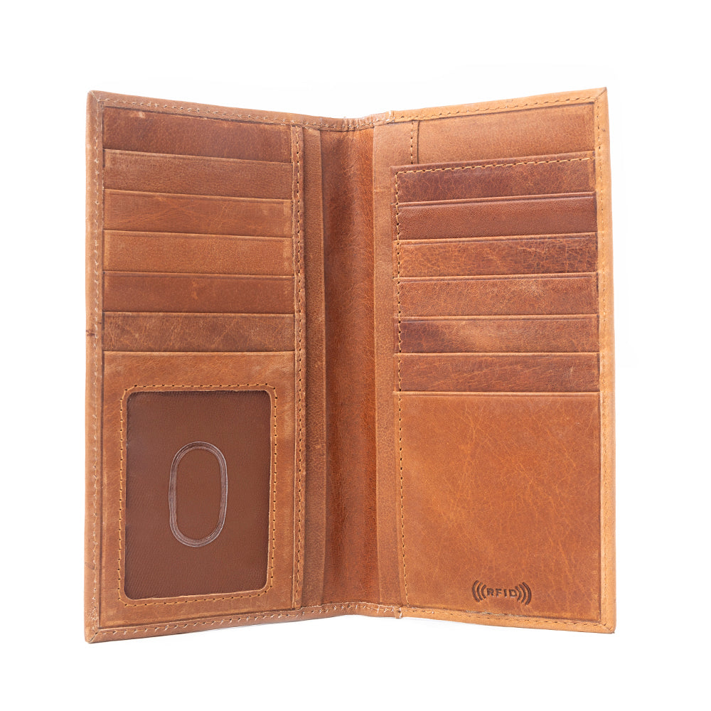Myra Sheriffâ€™s Crest Handtooled Leather Wallet for Men in Bronco Brown