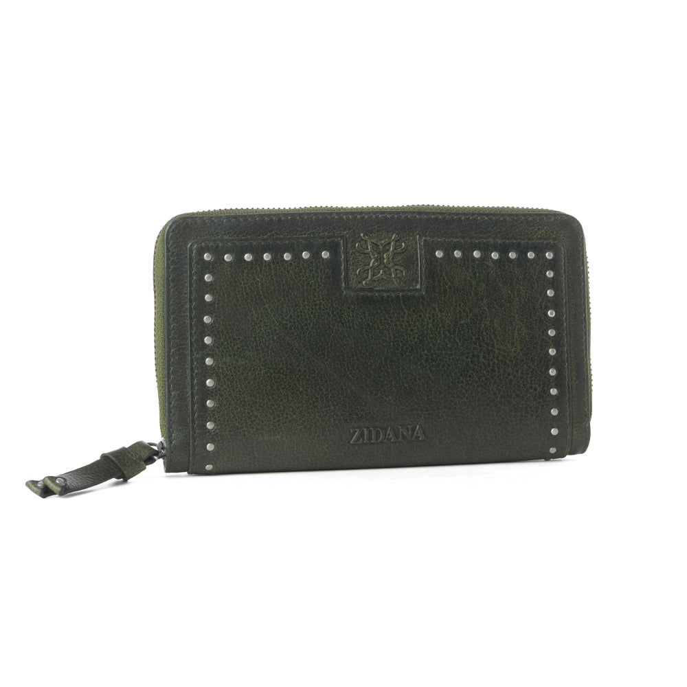 Myra Zidana Astra Studded Veg Tanned Leather Wallet in Velvet Moss
