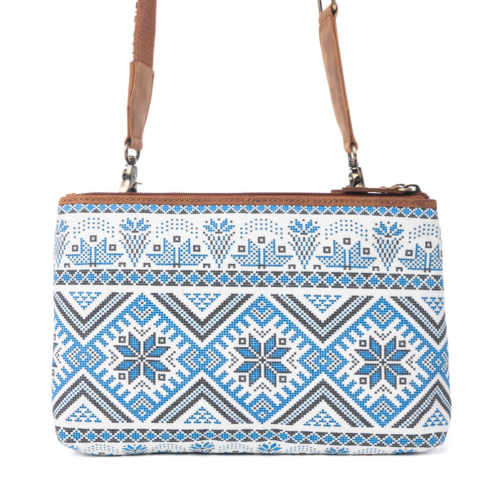 Myra Tribal Hollow Cotton & Leather Crossbody Bag in Indigo Frost