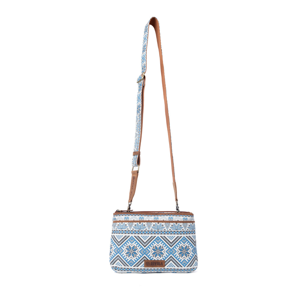 Myra Tribal Hollow Cotton & Leather Crossbody Bag in Indigo Frost