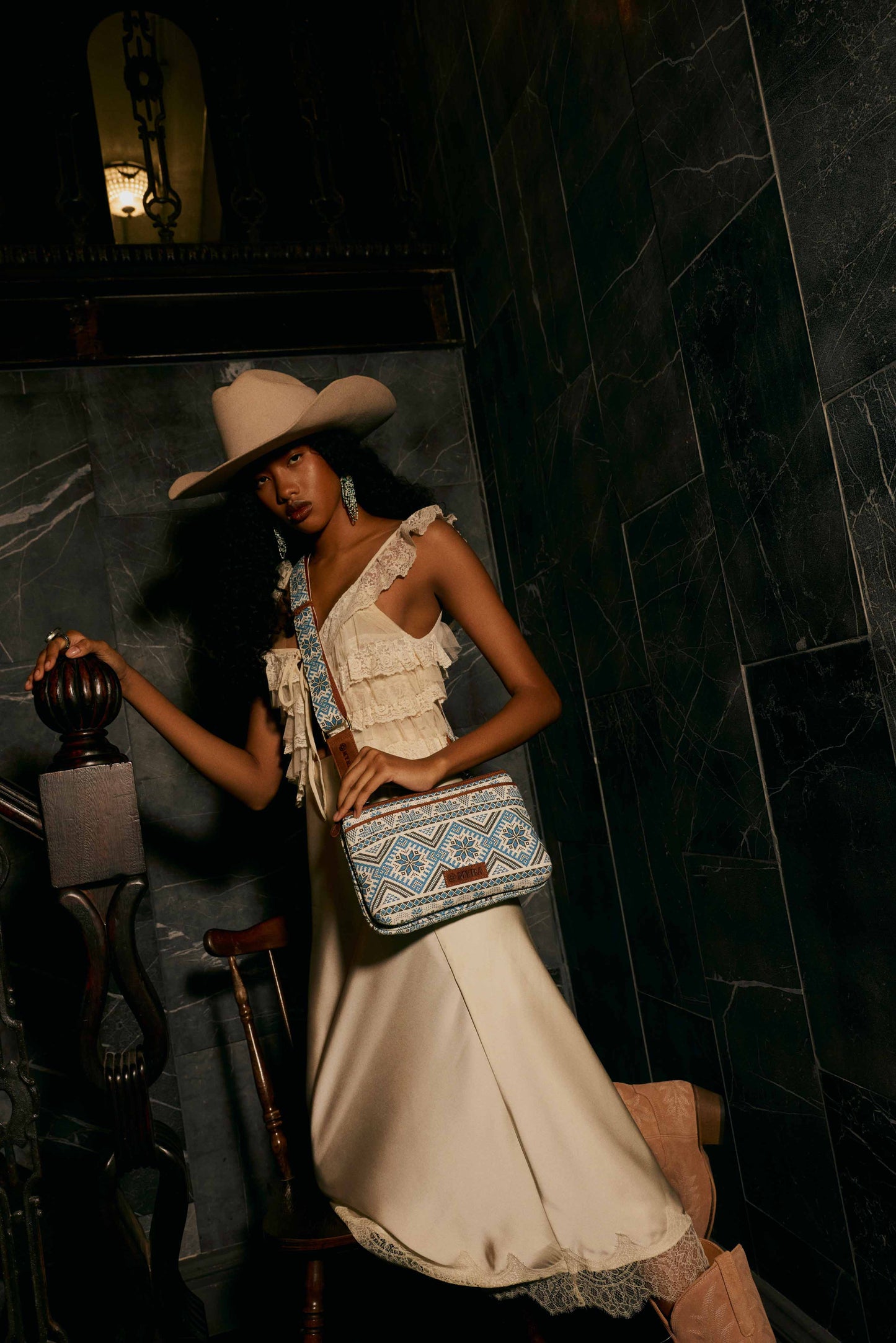 Myra Tribal Hollow Cotton & Leather Crossbody Bag in Indigo Frost