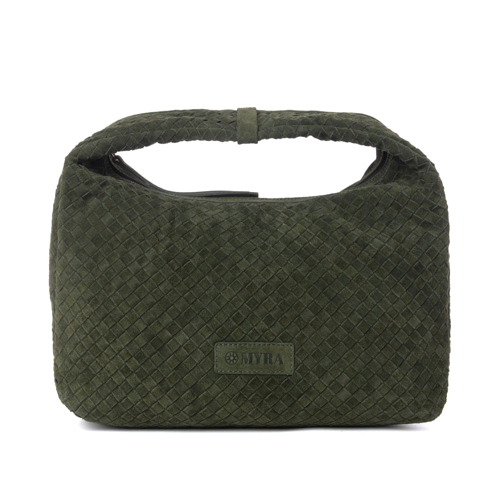 Myra Saddle Weave Genuine Suede Leather Bag in Olive Moss