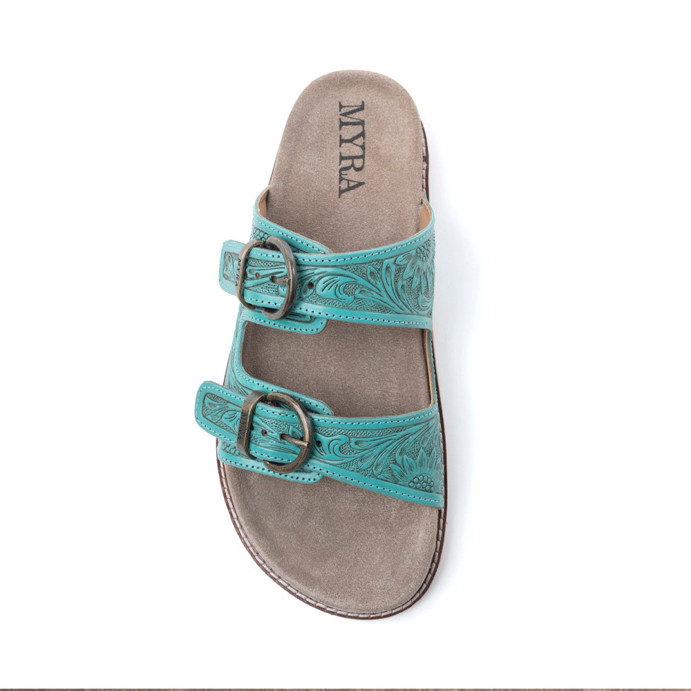 Myra Bluebell Ranch Handtooled Leather Sandals in Alpine Teal