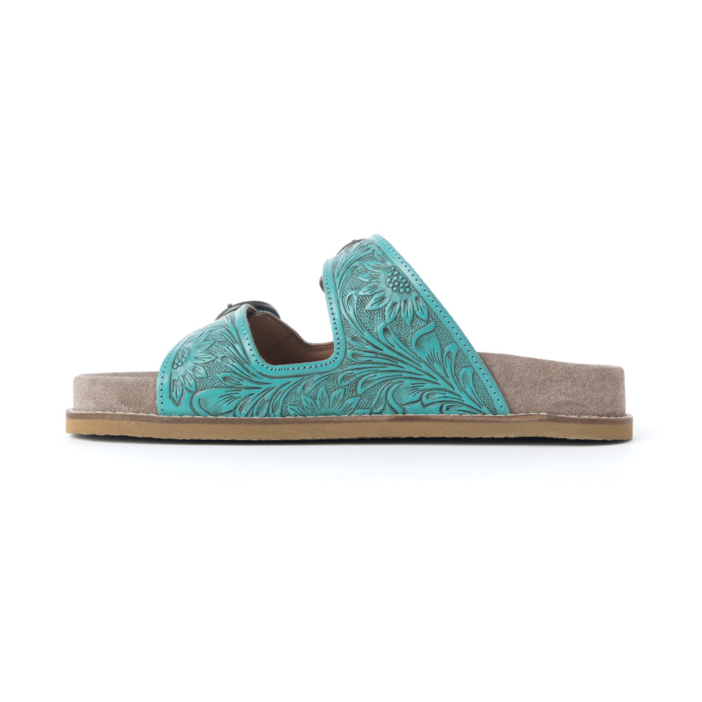 Myra Bluebell Ranch Handtooled Leather Sandals in Alpine Teal