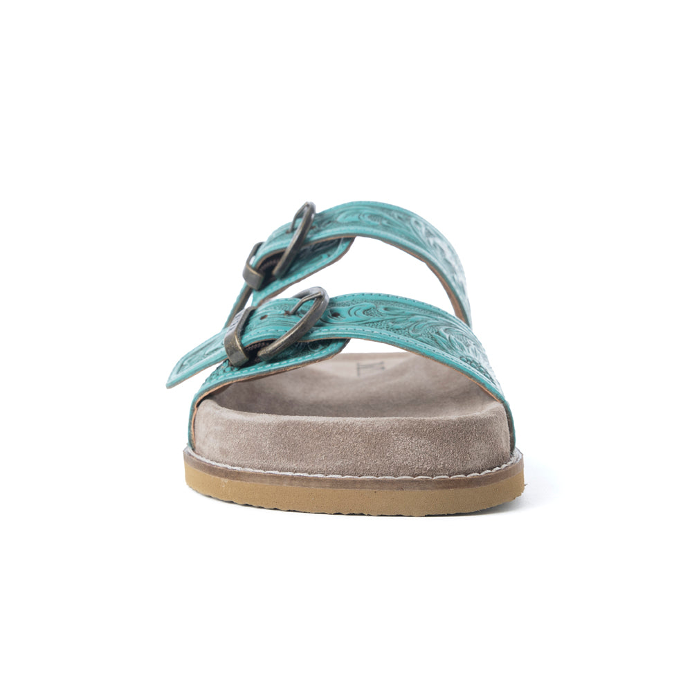 Myra Bluebell Ranch Handtooled Leather Sandals in Alpine Teal