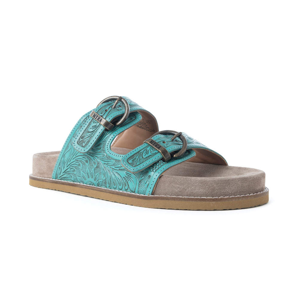 Myra Bluebell Ranch Handtooled Leather Sandals in Alpine Teal