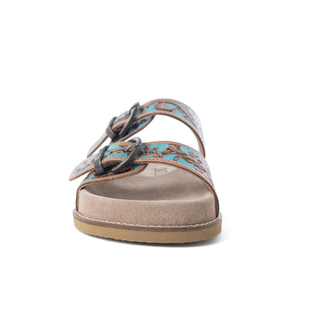 Myra Meadow Sky Handtooled Leather Sandals in Sagewave Blue