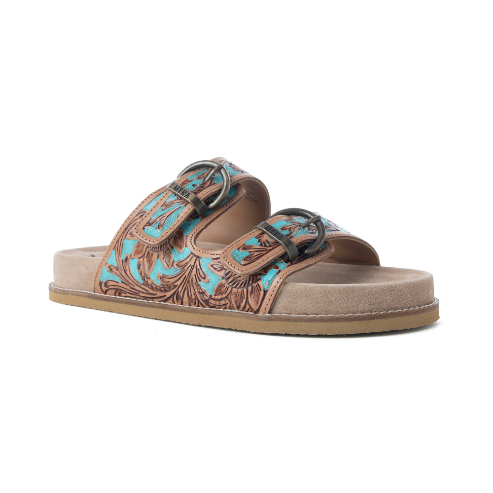 Myra Meadow Sky Handtooled Leather Sandals in Sagewave Blue