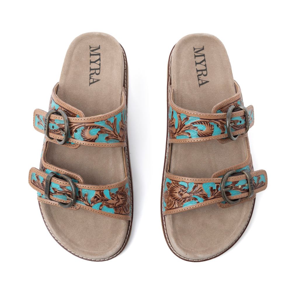 Myra Meadow Sky Handtooled Leather Sandals in Sagewave Blue
