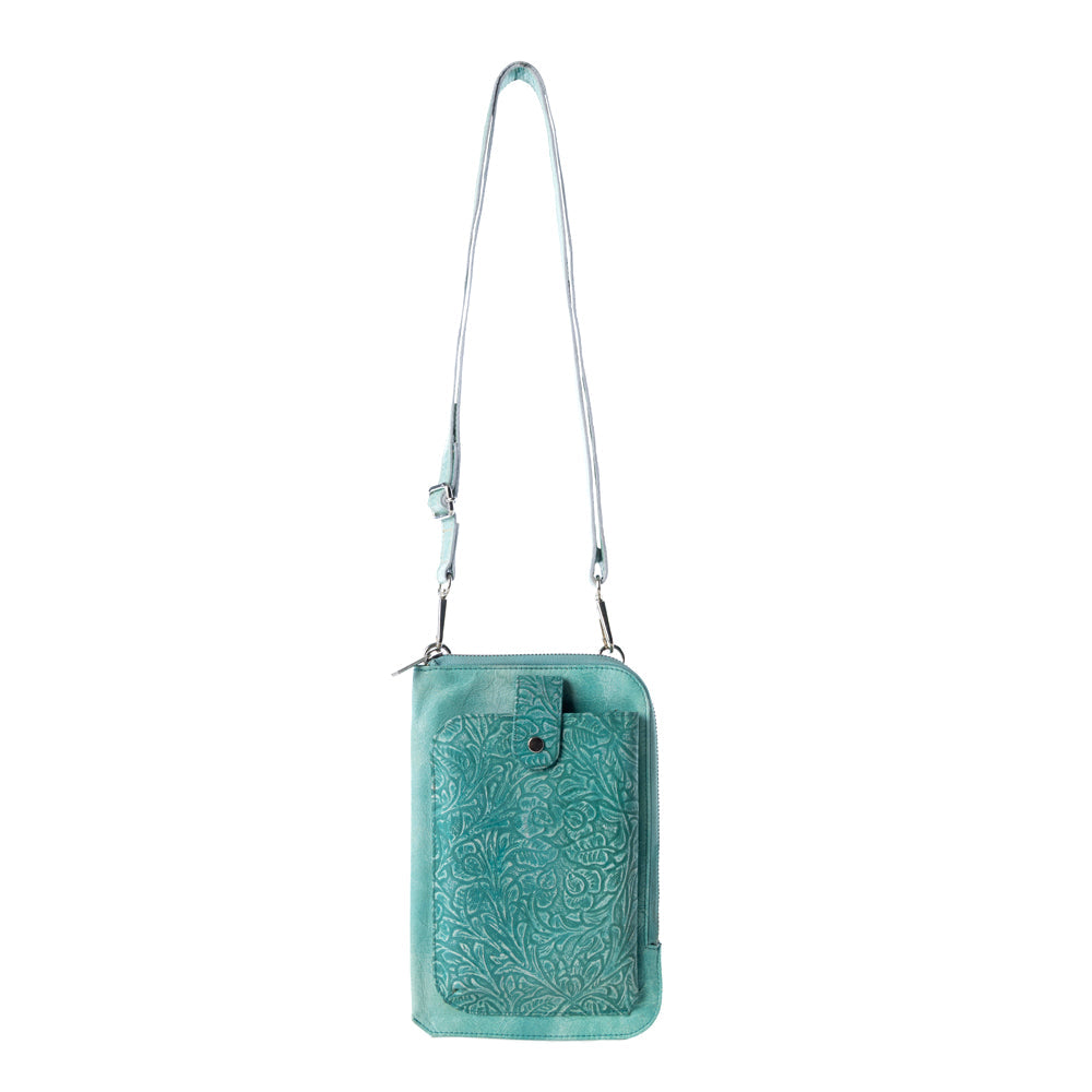 Myra Coyote Bloom Embossed mini sling for Women in aqua with floral detail