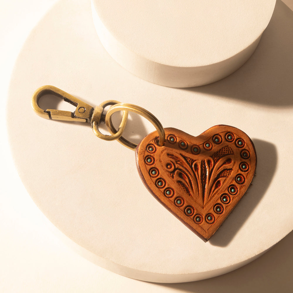 Myra Studded Heart Western Key Fob in brown with handtooled detail