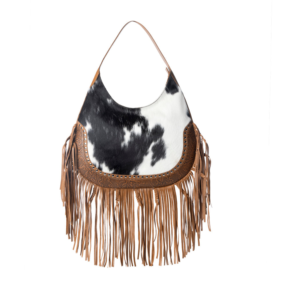 Myra Lasso Lane Hairon Leather Bag for Women in brown with fringe and embossed detail
