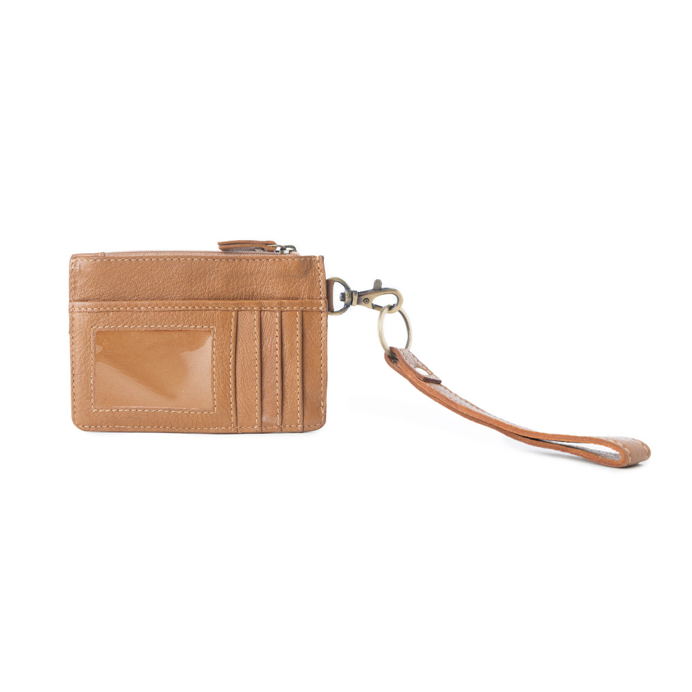 Myra Hand Hewn Western Card Holder for Women in Light Brown with handtooled Cactus detail