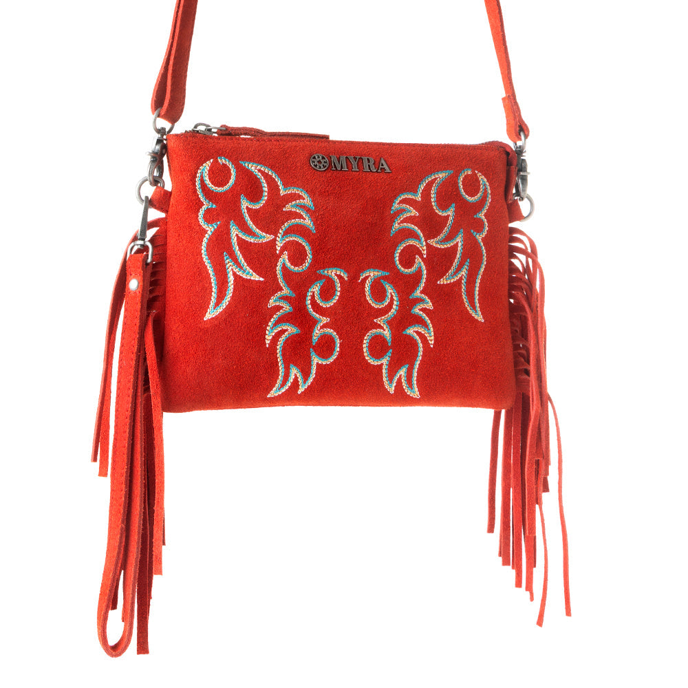 Myra Boot Stitch Suede Bag for Women in red with embroidery and fringe detail