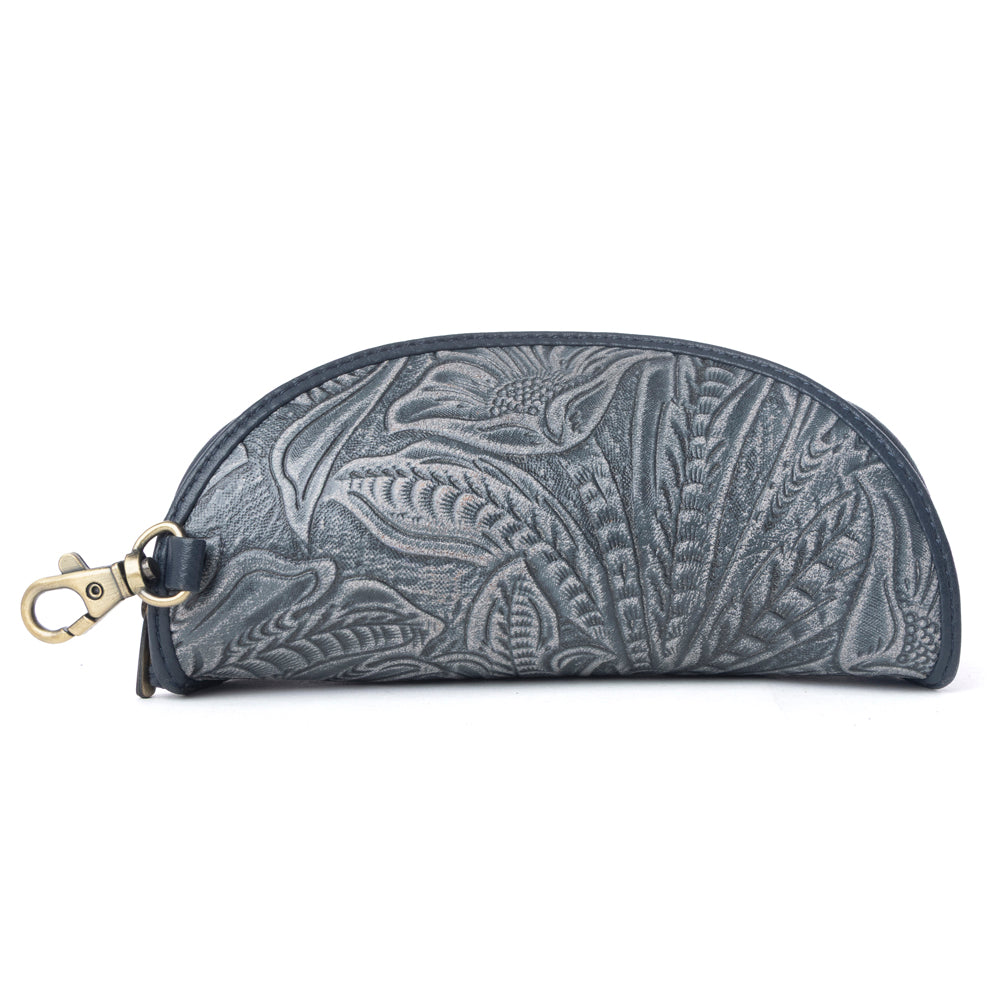 Myra Silver Creek Embossed Leather Sunglass Case in Midnight Steel