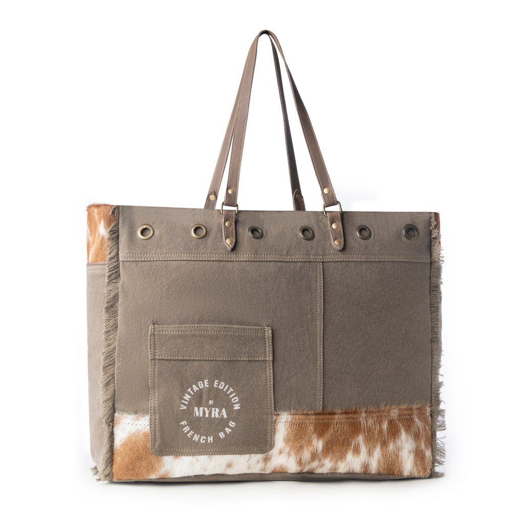 Myra Ranger Hide Western Weekender Bag for Women in olive with hairon detail
