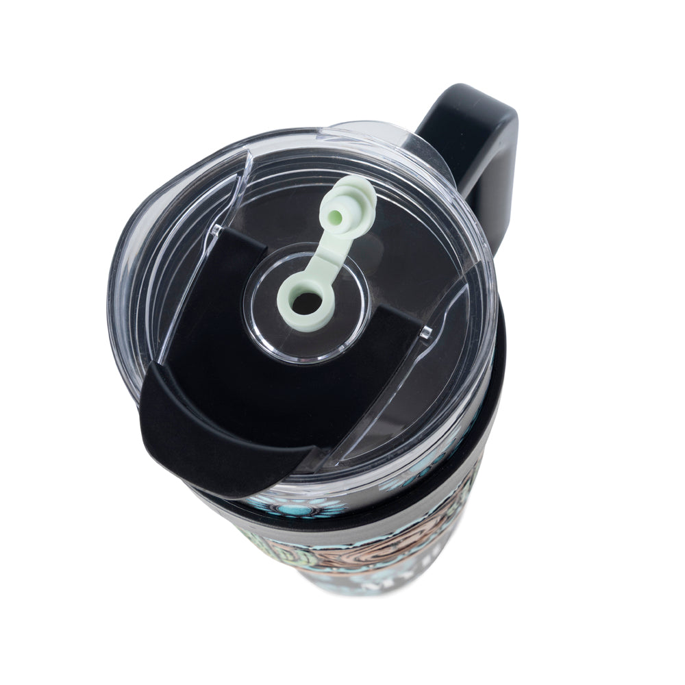 Myra Concho Crest Western Tooled Tumbler in Black Stainless Steel with Leather Wrap and Handle