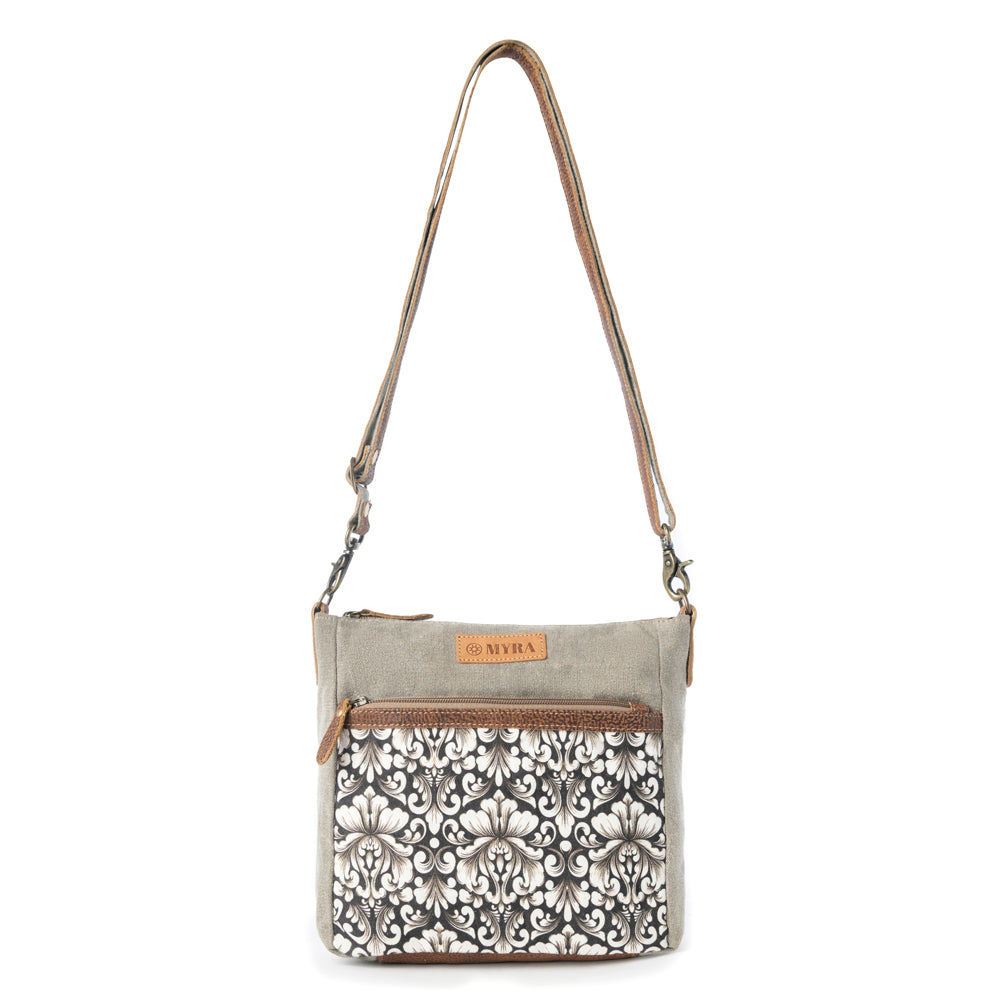 Myra Damask Trail Vintage Crossbody Bag for Women in sage with print detail