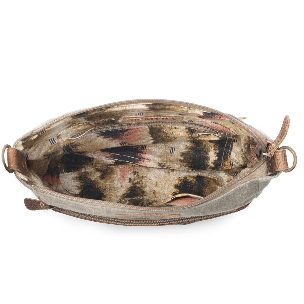 Myra Damask Trail Vintage Crossbody Bag for Women in sage with print detail