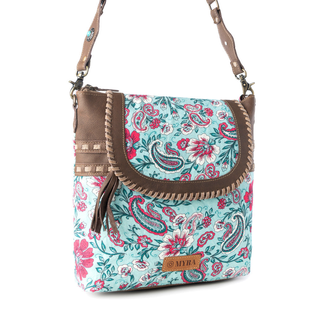Myra Lagoon Lily upcycled canvas Bag for Women in blue with leather and weaved flap