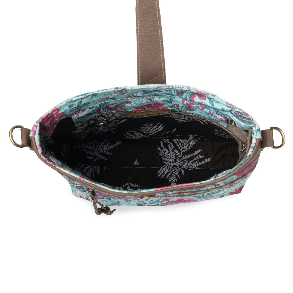 Myra Aspendale upcycled canvas Bag for Women Blue with leather details