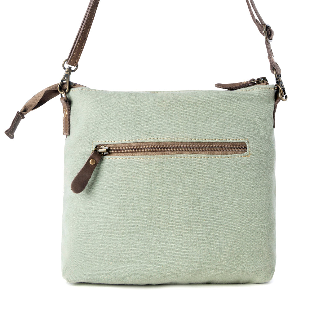 Myra Wildprint Trail upcycled canvas crossbody Bag for Women in sage with floral detail