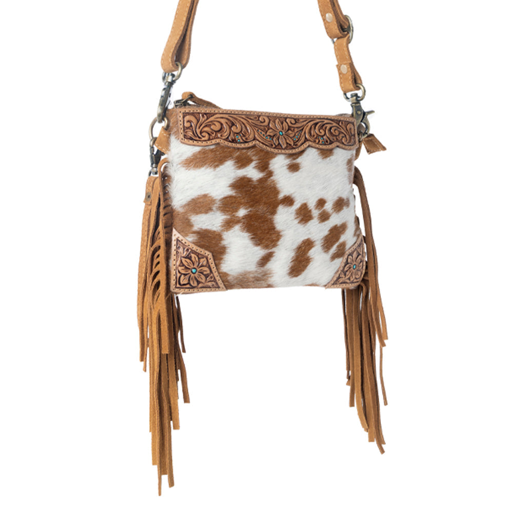 Myra Bourbon Trail Handtooled Bag for Women in brown with hairon and fringe detail