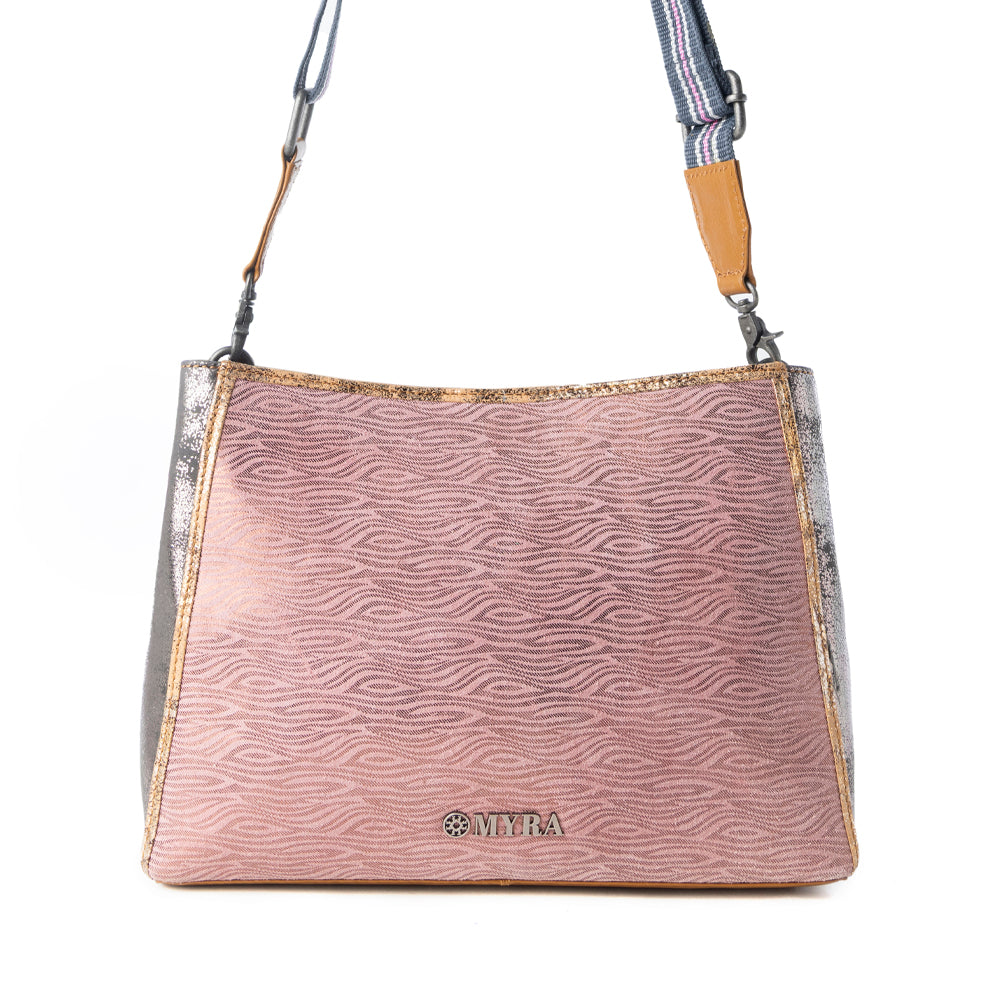 Myra Rosemist Leather Bag for Women in pink with textured detail and shoulder strap