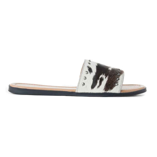 Myra Wild Dust Hairon Leather Slide Sandals â€“ Studded Flats for Women, Slip-On Comfort with Western Charm