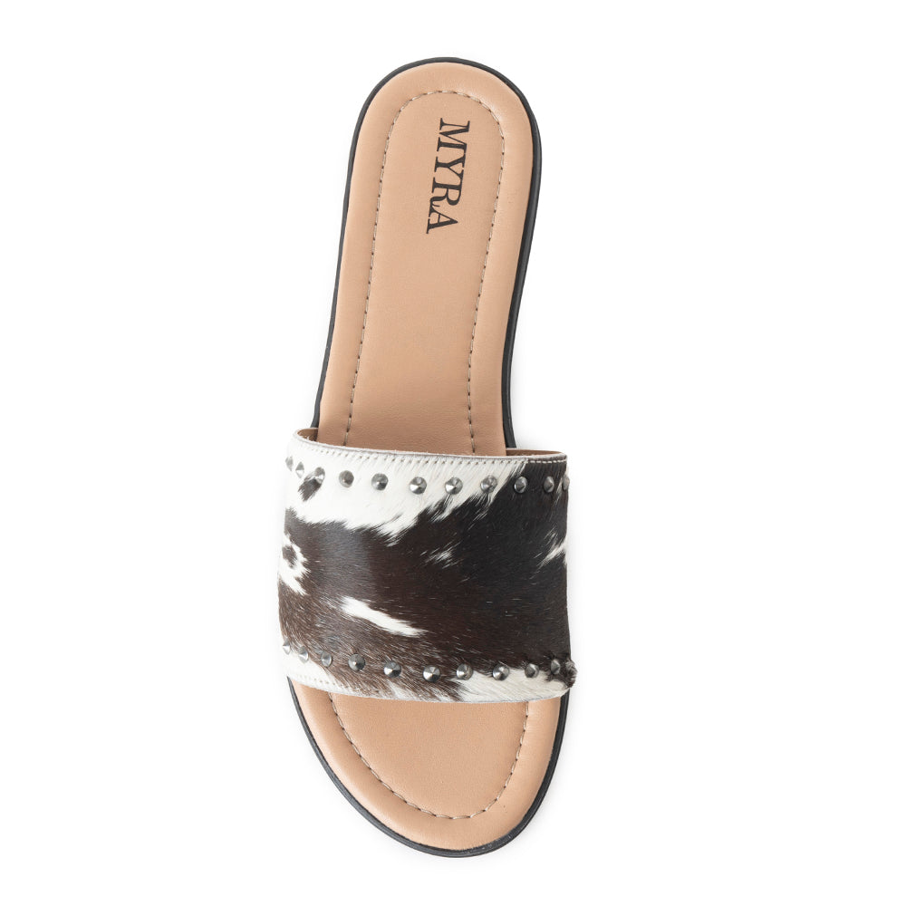 Myra Wild Dust Hairon Leather Slide Sandals â€“ Studded Flats for Women, Slip-On Comfort with Western Charm
