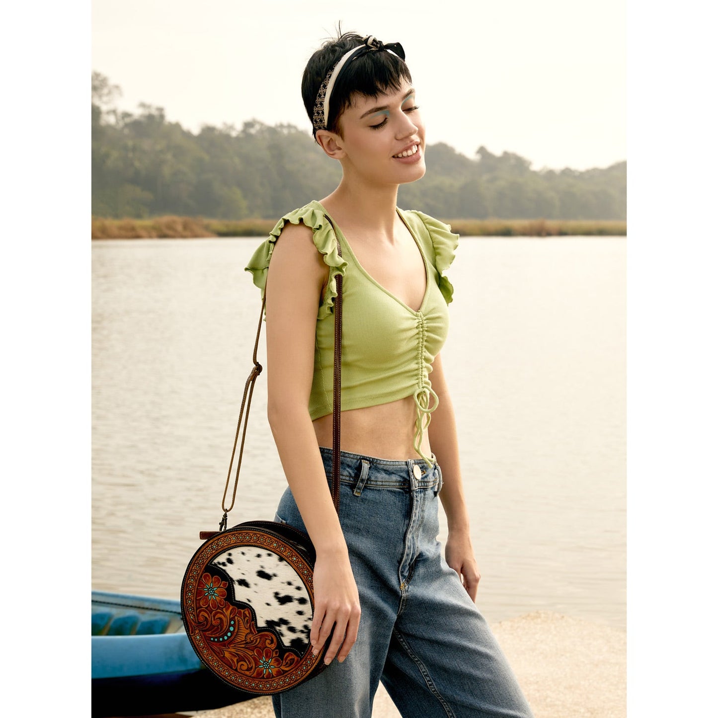 Myra Simply Sober Round Hairon Leather Crossbody â€“ Handtooled Floral & Cowhide Circle Bag for Carnival Adventures