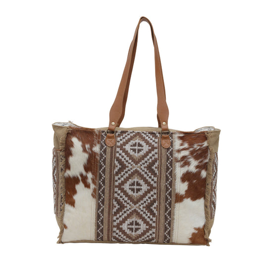 Myra Elisa Leather Weekender Bag - Spacious Cowhide Travel Tote with Tribal Woven Panel and Dual Shoulder Straps