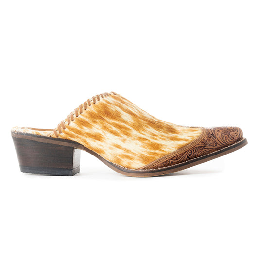 Myra Orange Western Hairon Leather Mules for Women â€“ Pointed Toe, Low Heels, Handtooled Western Slip-Ons