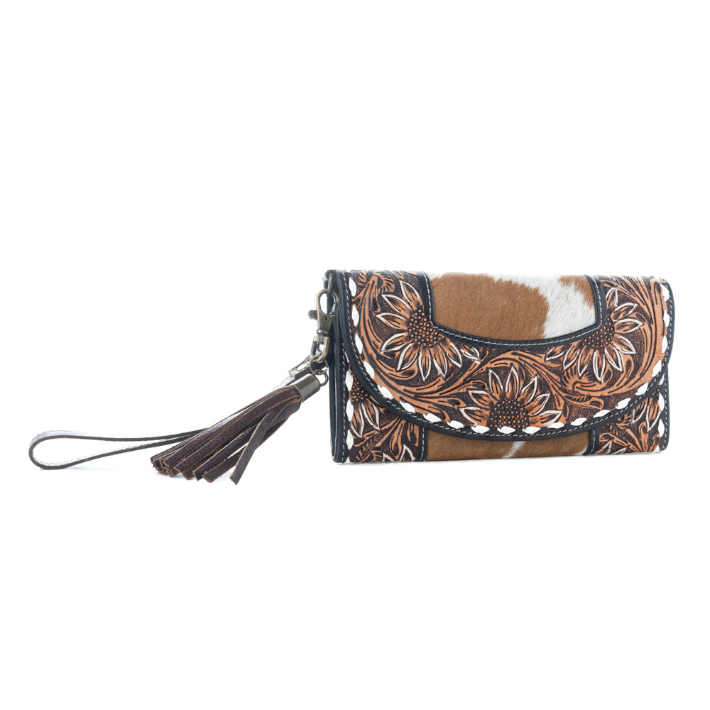 Myra Sandstone Trail Hairon Wristlet Wallet - Handtooled Leather with Western Floral Pattern and Tassel Strap for Easy Use