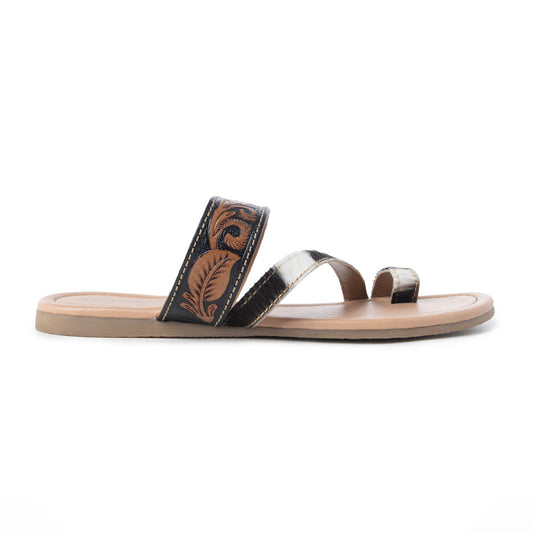 Myra Greta Lee Hair-On Leather Flip Flops for Women - Hand-Tooled Western Slippers with Flat Sole for Everyday Ease