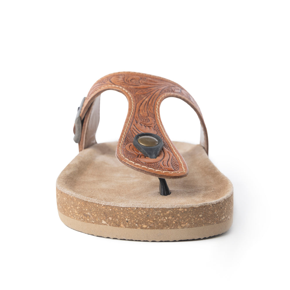 Myra Rosie Trail Handtooled Leather Sandals for Women – Cork Sole, Toe Ring Design for All-Day Comfort